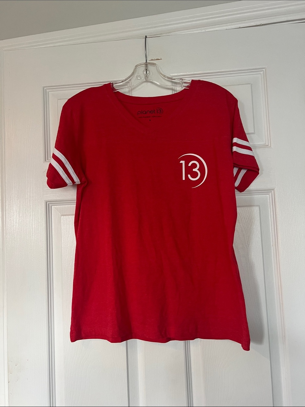 Women's Red Short-Sleeve V-Neck Tee with 13 Graphic